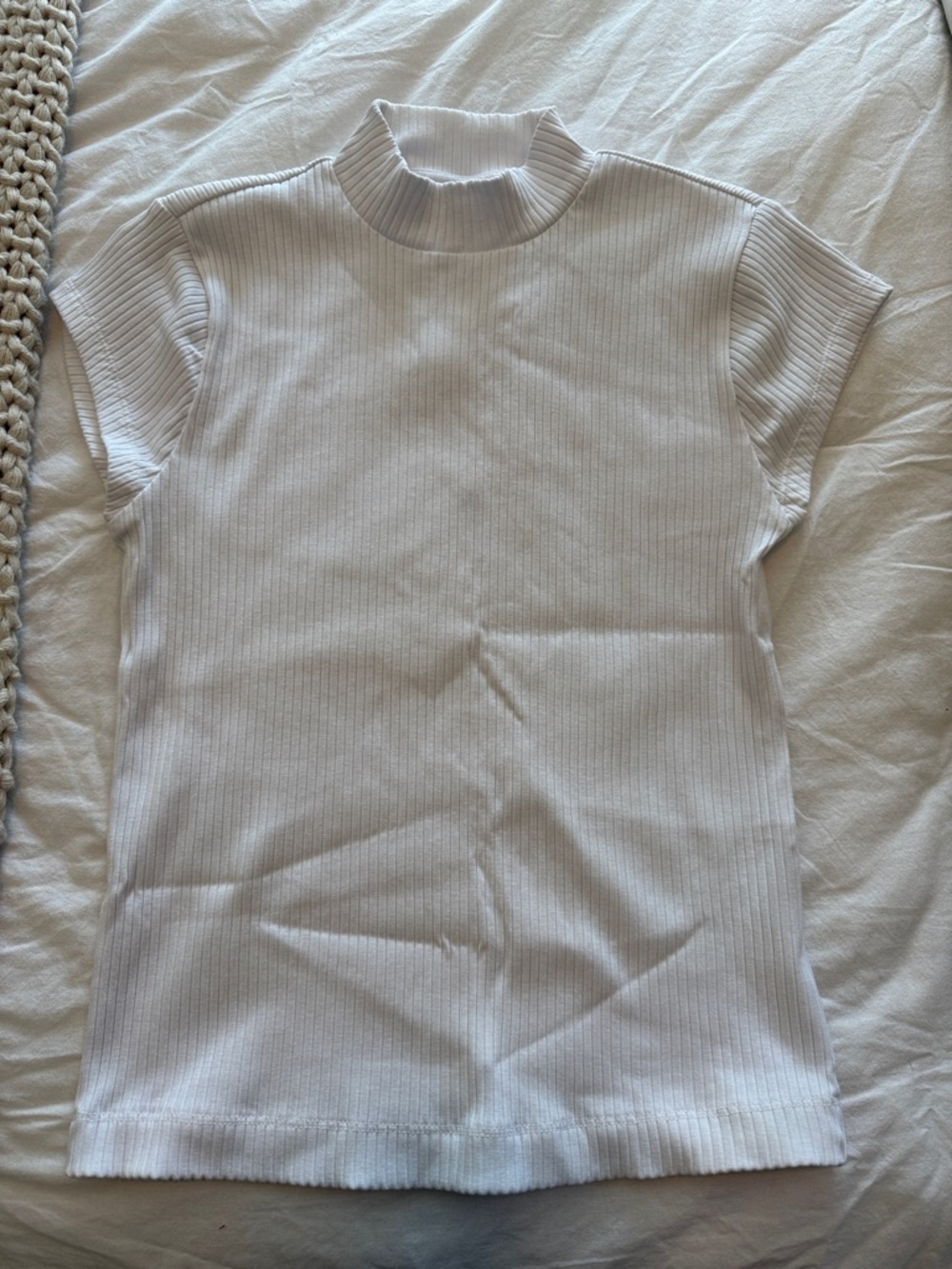 White Ribbed Mock Neck Cap Sleeve Top
